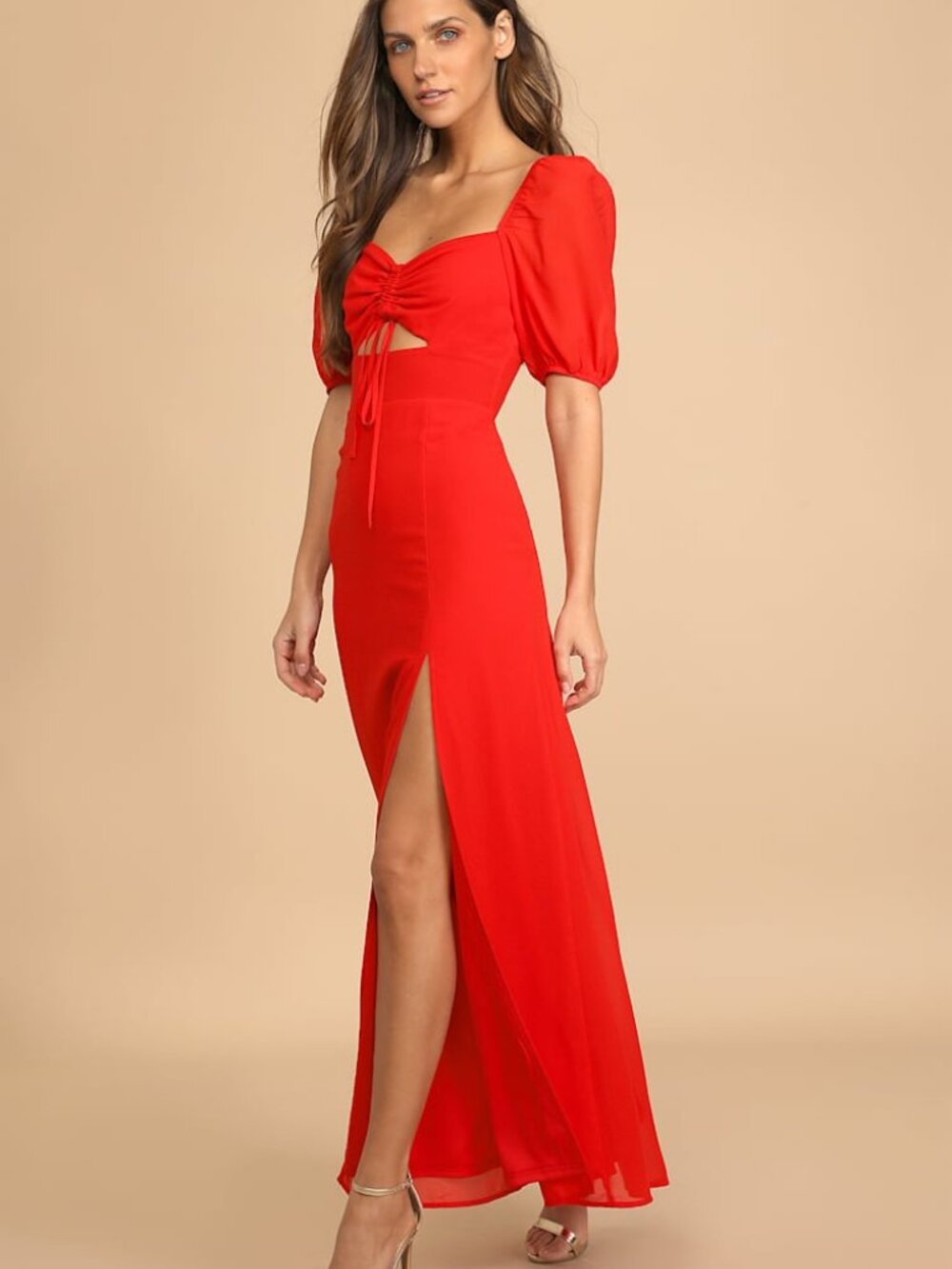 Lulus Red Square Neck Puff Sleeve Maxi Dress M Wedding Guest Garden Party